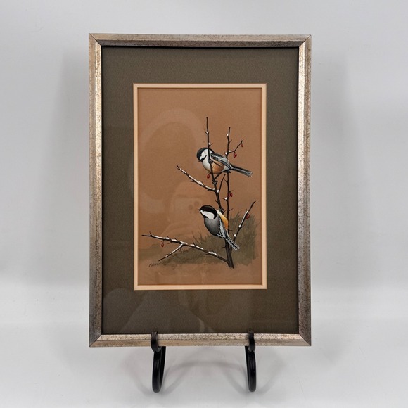 Vintage Chickadee Bird Original Painting Signed Glover 1969 Framed Wildlife